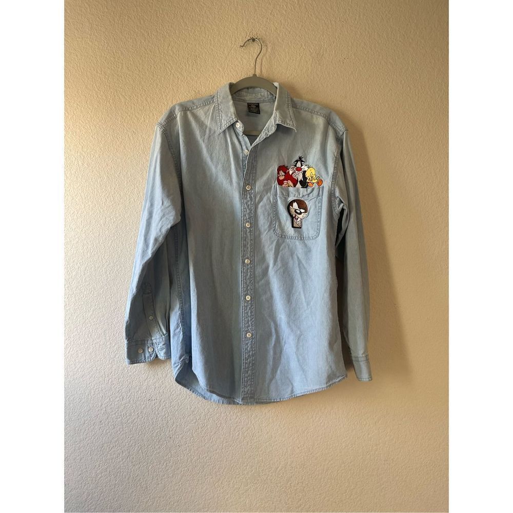 Vintage 90s Looney Tunes Denim Jean Button Up Shirt Medium